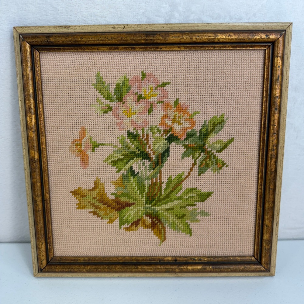 Vtg MCM Needlepoint Framed Floral Art 1982 Custom Handmade Gold Frame 12x12